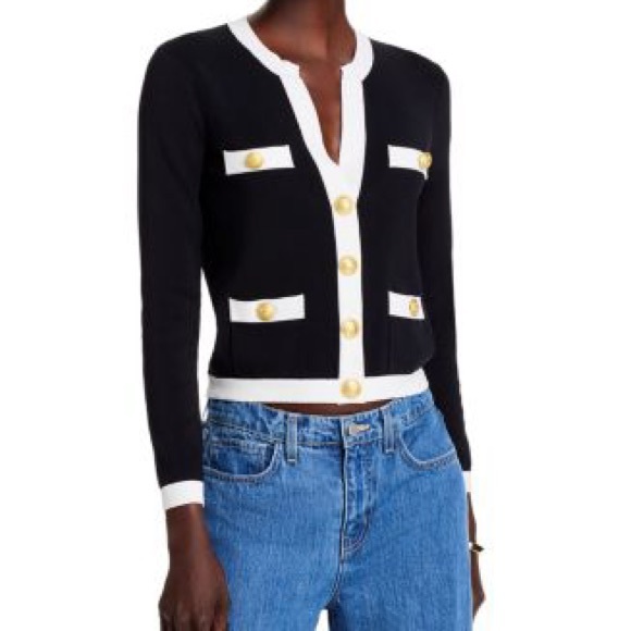 L'AGENCE Estefania Cardigan Lady Jacket Top Black White Gold Buttons - Picture 2 of 8
